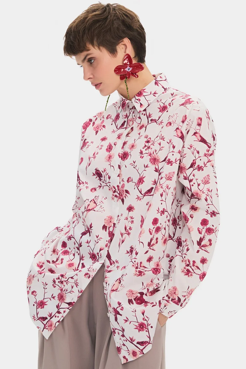 جون Women's Oversize/loose Cut Cotton Blend Floral Patterned Shirt