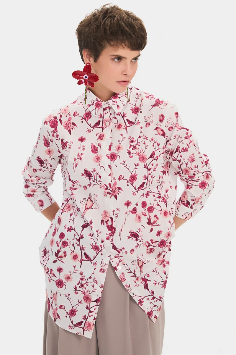 جون Women's Oversize/loose Cut Cotton Blend Floral Patterned Shirt