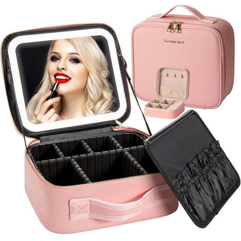 Seoneiro Makeup Travel Bag with LED Lighted Mirror Adjustable Brightness Portable Waterproof Makeup Case with Adjustable Dividers, Make up Train Case Organizer Makeup Brush Accessories and Tool Case, - Image 1