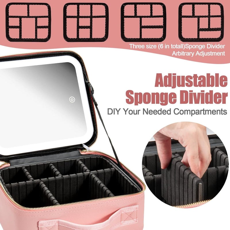 Seoneiro Makeup Travel Bag with LED Lighted Mirror Adjustable Brightness Portable Waterproof Makeup Case with Adjustable Dividers, Make up Train Case Organizer Makeup Brush Accessories and Tool Case, - Image 4
