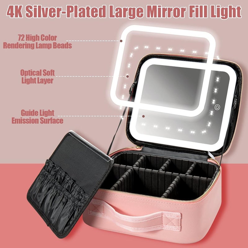 Seoneiro Makeup Travel Bag with LED Lighted Mirror Adjustable Brightness Portable Waterproof Makeup Case with Adjustable Dividers, Make up Train Case Organizer Makeup Brush Accessories and Tool Case, - Image 2