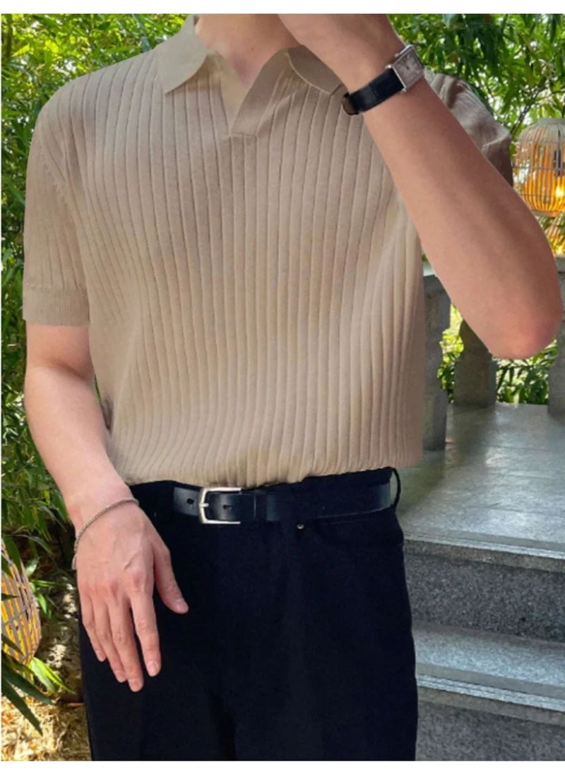 Cool Tarz Cool Style Mink Men's Ribbed Polo Neck Knit T-Shirt
