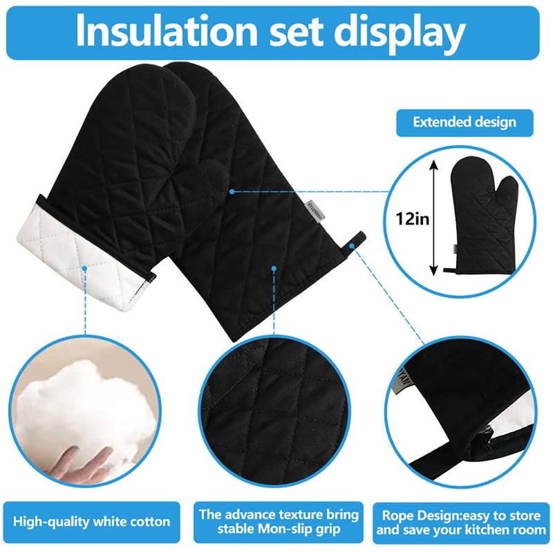 M MIAOYAN Oven Mitts and Pot Holders 4 pcs Set High Heat Resistant 500 Degree Extra Thicken Long Kitchen Cotton Oven Glove for Cooking (12 Inch Black) - Image 4