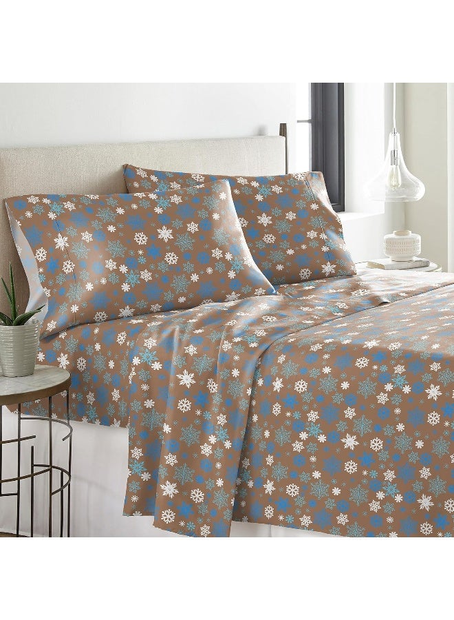 Pointehaven Heavy Weight Printed Flannel Sheet Set, Twin, Snow Flakes/Tan - Image 2