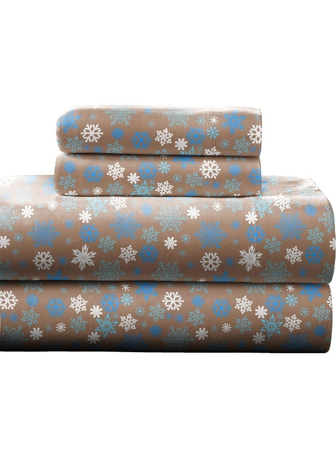Pointehaven Heavy Weight Printed Flannel Sheet Set, Twin, Snow Flakes/Tan - Image 1