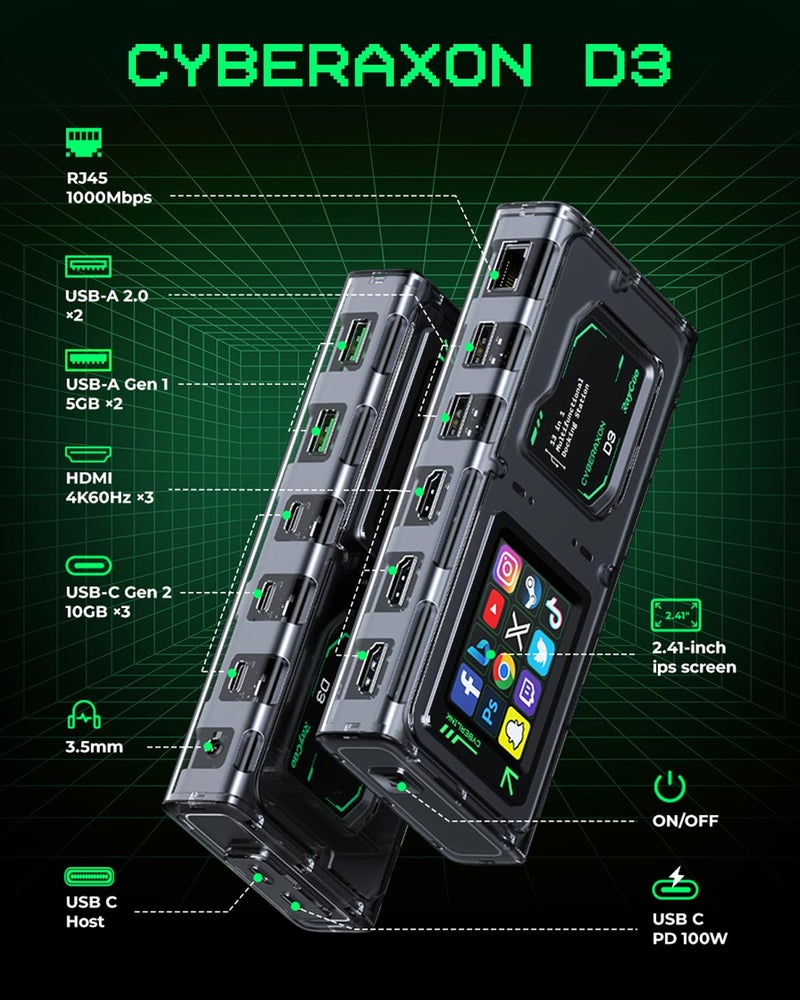 Raycue CyberAxon D3 13-in-1 Multifunctional Stream Control Dock - USB C Docking Station with 2.4" Touchscreenï¼ˆ12 Macro Keysï¼‰, 3X HDMI (4K@60Hz), 100W PD, 10Gbps USB-C, Ethernet, for Mac/Windows/iPad - Image 2