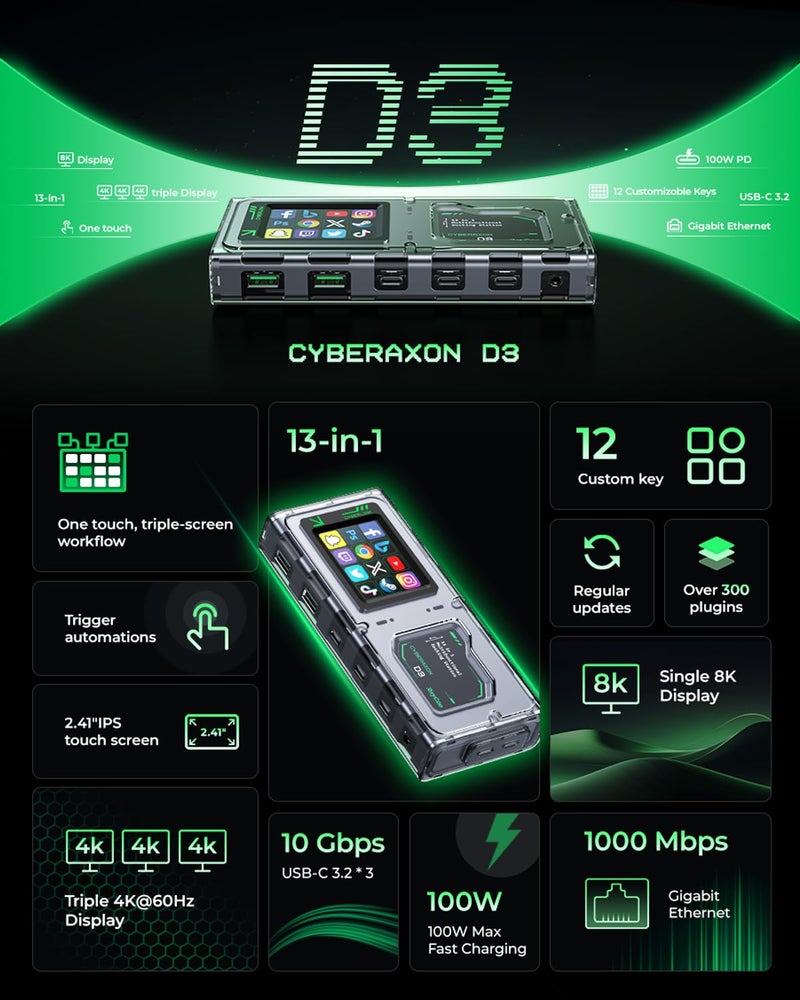 Raycue CyberAxon D3 13-in-1 Multifunctional Stream Control Dock - USB C Docking Station with 2.4" Touchscreenï¼ˆ12 Macro Keysï¼‰, 3X HDMI (4K@60Hz), 100W PD, 10Gbps USB-C, Ethernet, for Mac/Windows/iPad - Image 3