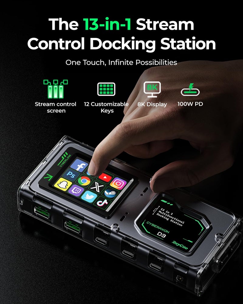 Raycue CyberAxon D3 13-in-1 Multifunctional Stream Control Dock - USB C Docking Station with 2.4" Touchscreenï¼ˆ12 Macro Keysï¼‰, 3X HDMI (4K@60Hz), 100W PD, 10Gbps USB-C, Ethernet, for Mac/Windows/iPad - Image 4