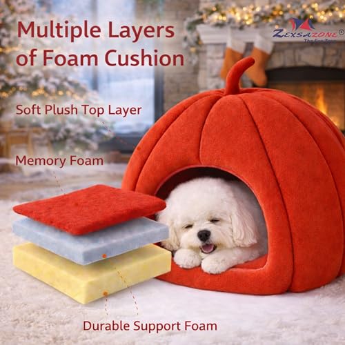 ZEXSAZONE Premium Summer Soft Velvet Pet Hut House | for Cats, Kittens and Small Dogs Puppey | with Reversible Cushion | Washable Cozy and Comfortable | 40 x 40 x 42 cm (Red Small_Pumpkin) - Image 3