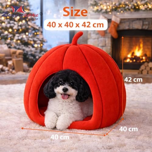 ZEXSAZONE Premium Summer Soft Velvet Pet Hut House | for Cats, Kittens and Small Dogs Puppey | with Reversible Cushion | Washable Cozy and Comfortable | 40 x 40 x 42 cm (Red Small_Pumpkin) - Image 5