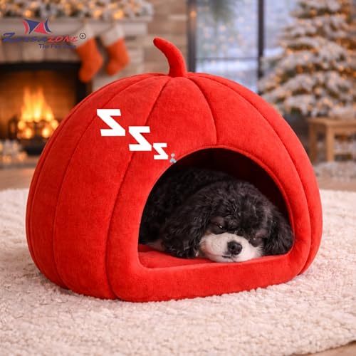 ZEXSAZONE Premium Summer Soft Velvet Pet Hut House | for Cats, Kittens and Small Dogs Puppey | with Reversible Cushion | Washable Cozy and Comfortable | 40 x 40 x 42 cm (Red Small_Pumpkin) - Image 2