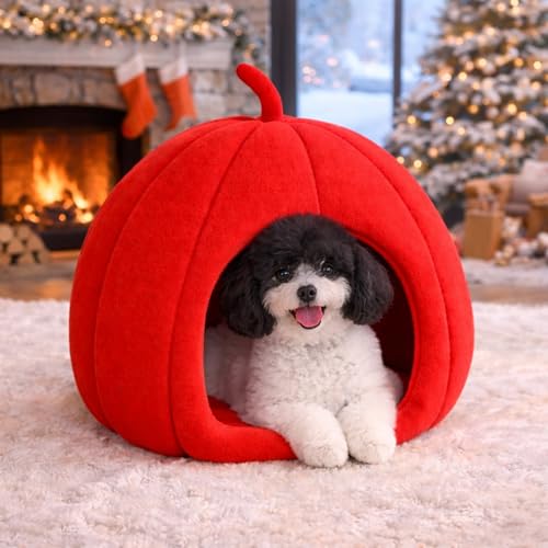ZEXSAZONE Premium Summer Soft Velvet Pet Hut House | for Cats, Kittens and Small Dogs Puppey | with Reversible Cushion | Washable Cozy and Comfortable | 40 x 40 x 42 cm (Red Small_Pumpkin) - Image 1