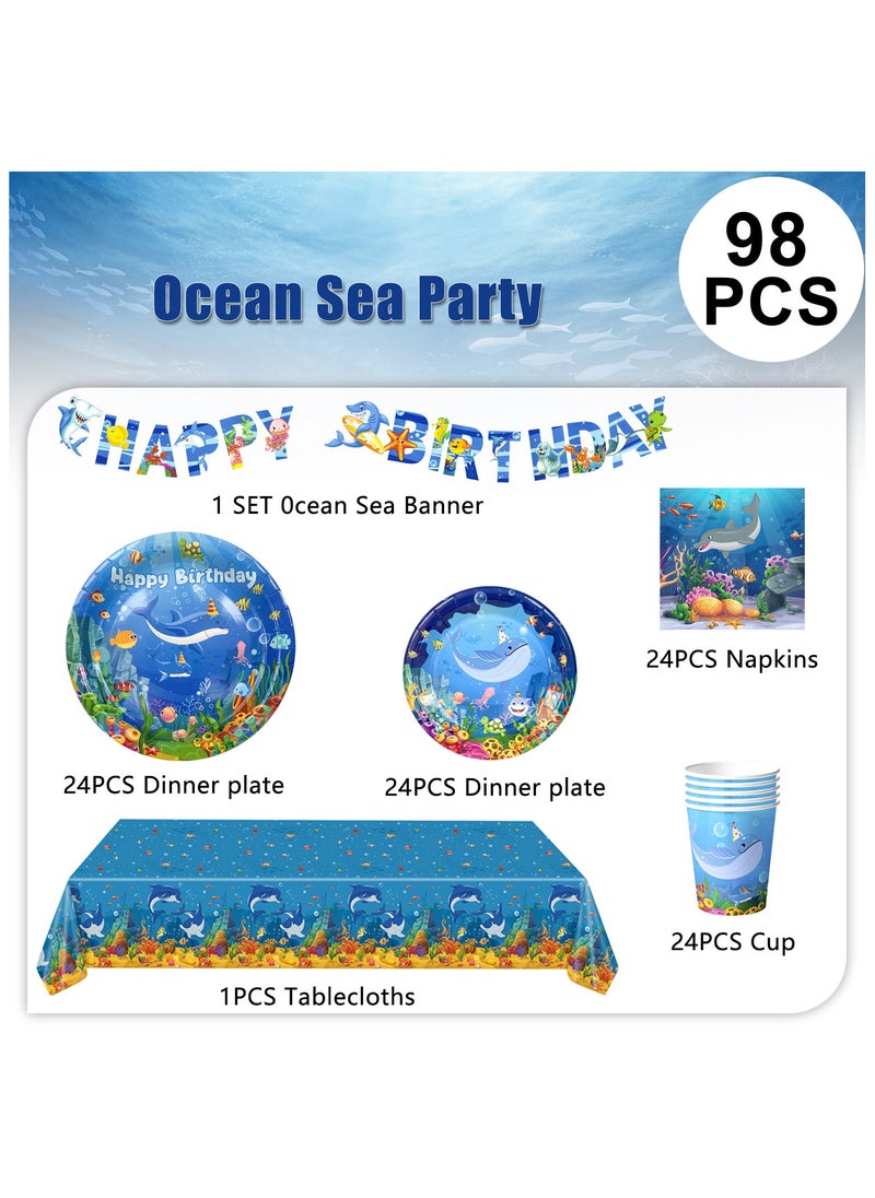FRUITFUL PARTY - Ocean Sea Disposable Party Tablewear Set for 24 Guests, Under The Sea Party Decorations Ocean Blue Party Supplies - Image 1