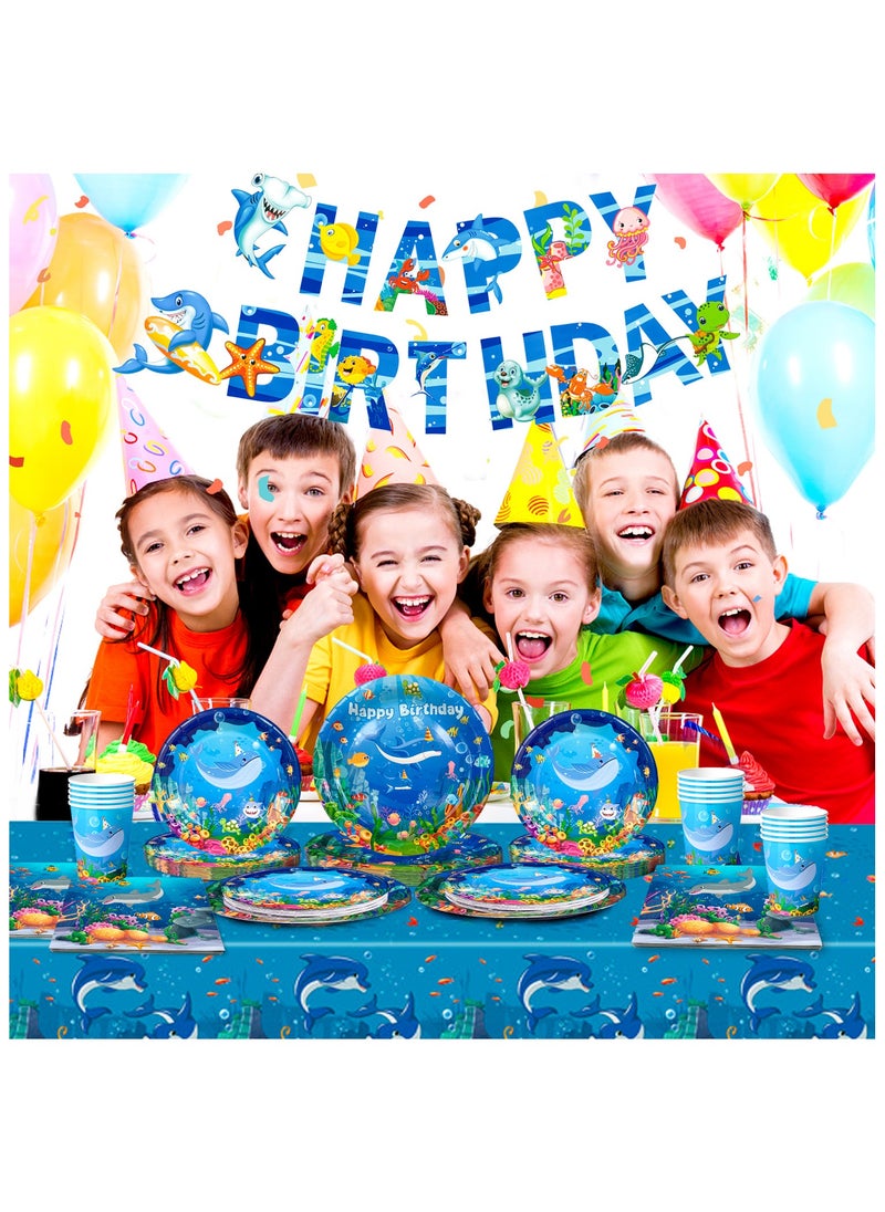 FRUITFUL PARTY - Ocean Sea Disposable Party Tablewear Set for 24 Guests, Under The Sea Party Decorations Ocean Blue Party Supplies - Image 1
