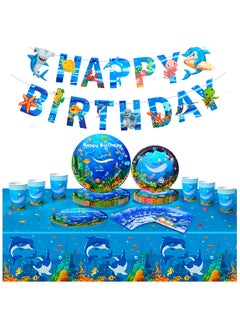 Ocean Sea Disposable Party Tablewear Set for 24 Guests, Under The Sea Party Decorations Ocean Blue Party Supplies