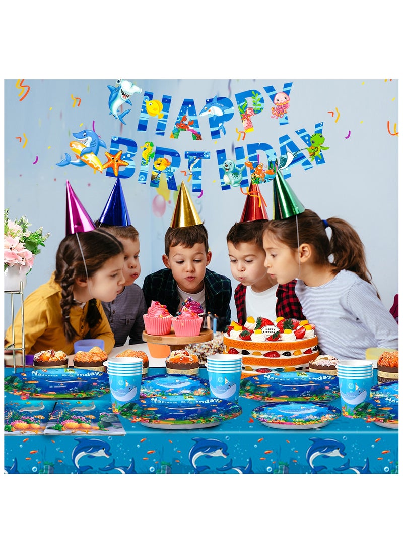 FRUITFUL PARTY - Ocean Sea Disposable Party Tablewear Set for 24 Guests, Under The Sea Party Decorations Ocean Blue Party Supplies - Image 1