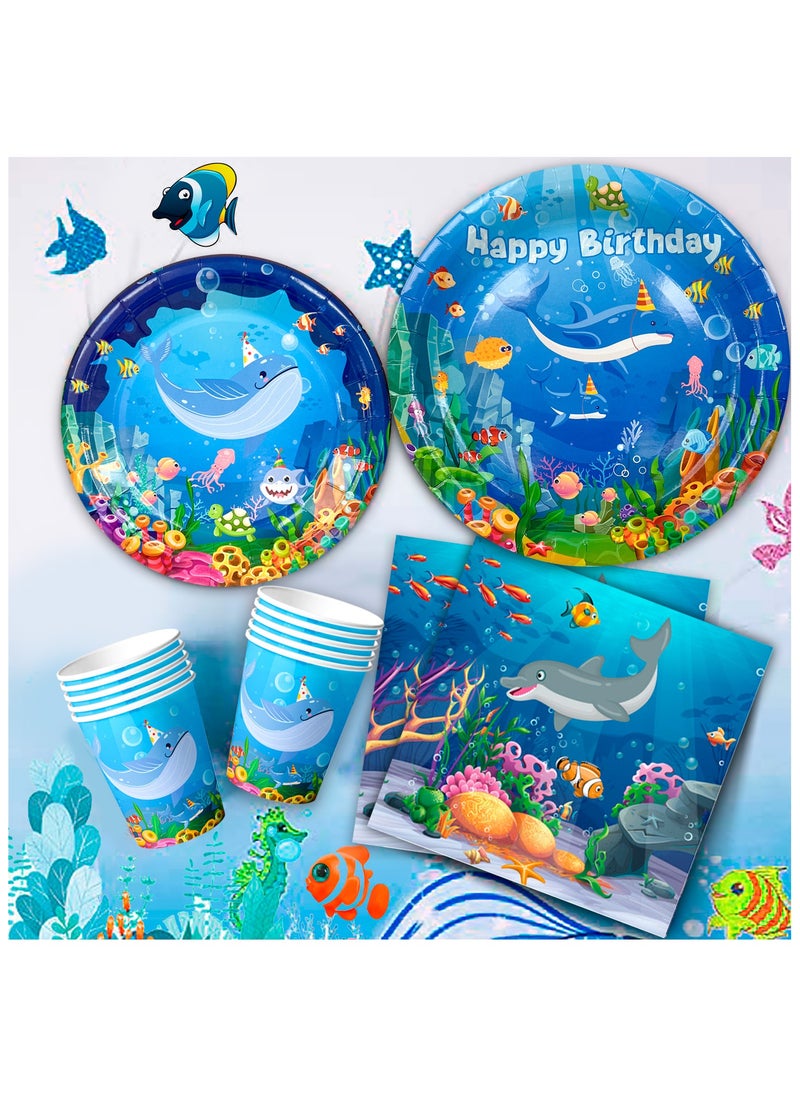 FRUITFUL PARTY - Ocean Sea Disposable Party Tablewear Set for 24 Guests, Under The Sea Party Decorations Ocean Blue Party Supplies - Image 1