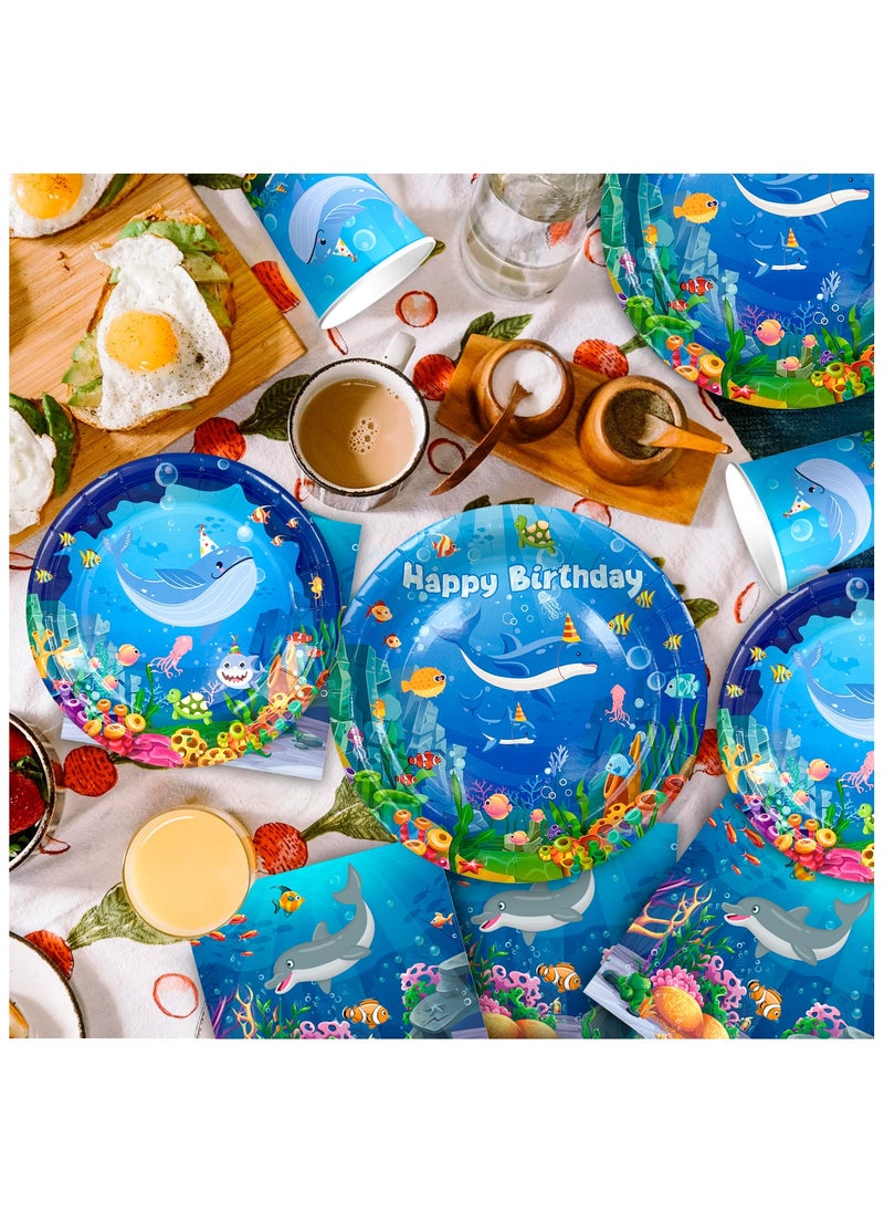 FRUITFUL PARTY - Ocean Sea Disposable Party Tablewear Set for 24 Guests, Under The Sea Party Decorations Ocean Blue Party Supplies - Image 1