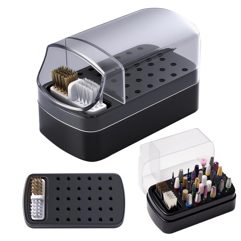 FANTEXY 2-in-1 Nail Drill Bit Holder And Cleaner Brush Case - 30 Holes Dustproof Organizer with Nylon/Copper Brushes,Manicure Tools Organizers and Storage Box(Nail Drill Bits are Not Include) - Image 1