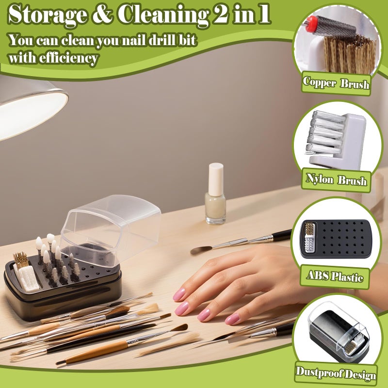 FANTEXY 2-in-1 Nail Drill Bit Holder And Cleaner Brush Case - 30 Holes Dustproof Organizer with Nylon/Copper Brushes,Manicure Tools Organizers and Storage Box(Nail Drill Bits are Not Include) - Image 2