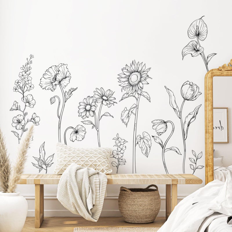 Supzone Large Black and White Flower Wall Decals, 3 Sheets Simple Modern Minimalist Sunflower Tulip Wall Stickers Floral Art Decor for Girls Bedroom Home Room Office Adult Gifts for Mom(11.8x35.4 in/Sheet) - Image 4