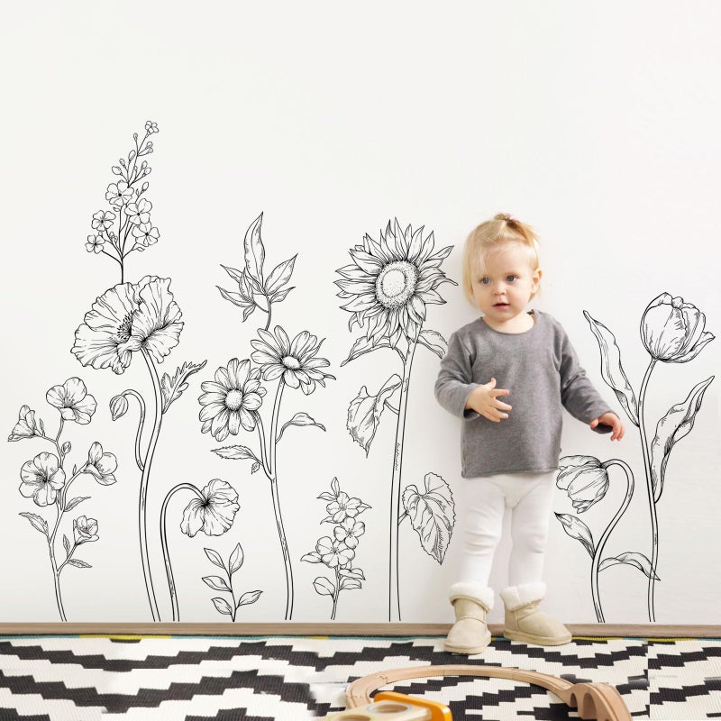 Supzone Large Black and White Flower Wall Decals, 3 Sheets Simple Modern Minimalist Sunflower Tulip Wall Stickers Floral Art Decor for Girls Bedroom Home Room Office Adult Gifts for Mom(11.8x35.4 in/Sheet) - Image 2