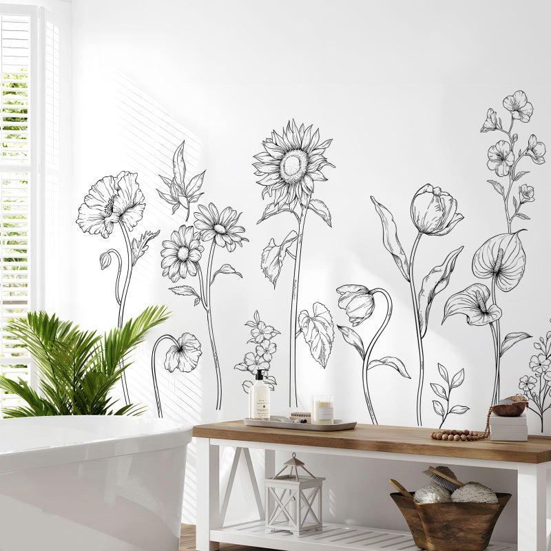 Supzone Large Black and White Flower Wall Decals, 3 Sheets Simple Modern Minimalist Sunflower Tulip Wall Stickers Floral Art Decor for Girls Bedroom Home Room Office Adult Gifts for Mom(11.8x35.4 in/Sheet) - Image 1