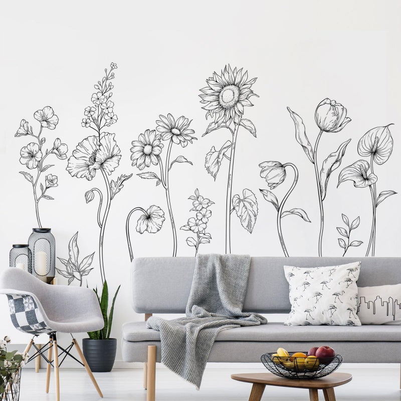 Supzone Large Black and White Flower Wall Decals, 3 Sheets Simple Modern Minimalist Sunflower Tulip Wall Stickers Floral Art Decor for Girls Bedroom Home Room Office Adult Gifts for Mom(11.8x35.4 in/Sheet) - Image 5