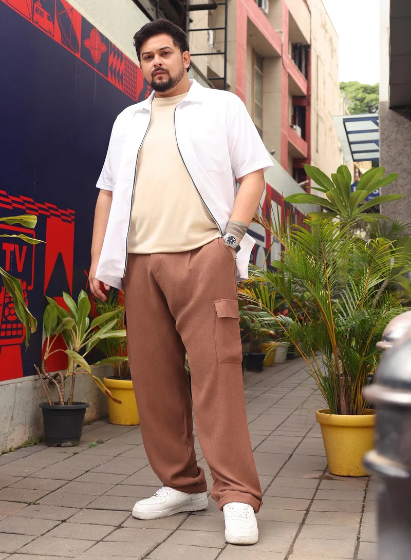 انستافاب بلس Instafab Plus Men Pleated-Textured Cargo Trousers | Mid-Rise , Side Elasticated Stretch | Button Closure , Cuffed-Straight Hem | Solid Textured | Woven Fabric For Casual & Street Wear | Teddy Brown