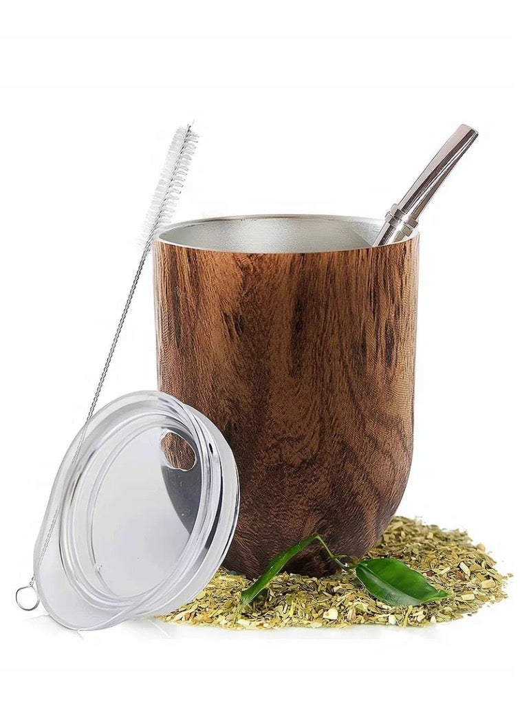 Yerba Mate Tea Cup Set, Includes Bombilla Straw, Lid and Cleaning Brush, Stainless Steel Double-Walled Tea Cup for Yerba Mate Loose Leaf Drinking, Easy to Clean, Natural Brown, 12 Ounces - Image 1