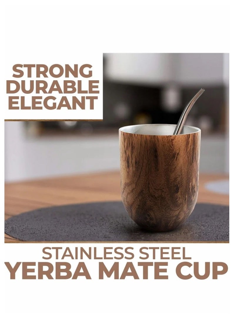 Yerba Mate Tea Cup Set, Includes Bombilla Straw, Lid and Cleaning Brush, Stainless Steel Double-Walled Tea Cup for Yerba Mate Loose Leaf Drinking, Easy to Clean, Natural Brown, 12 Ounces - Image 3