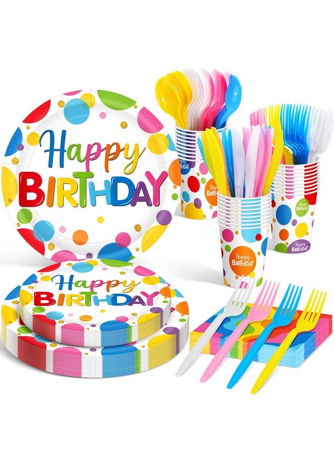 73Hours Serves 24 Guests Happy Birthday Plates and Napkins Rainbow Polka Dot Birthday Tableware Set Rainbow Dot Birthday Party Decorations for Kids Included Cups Knives Forks Spoons Total 168 Pcs - Image 1