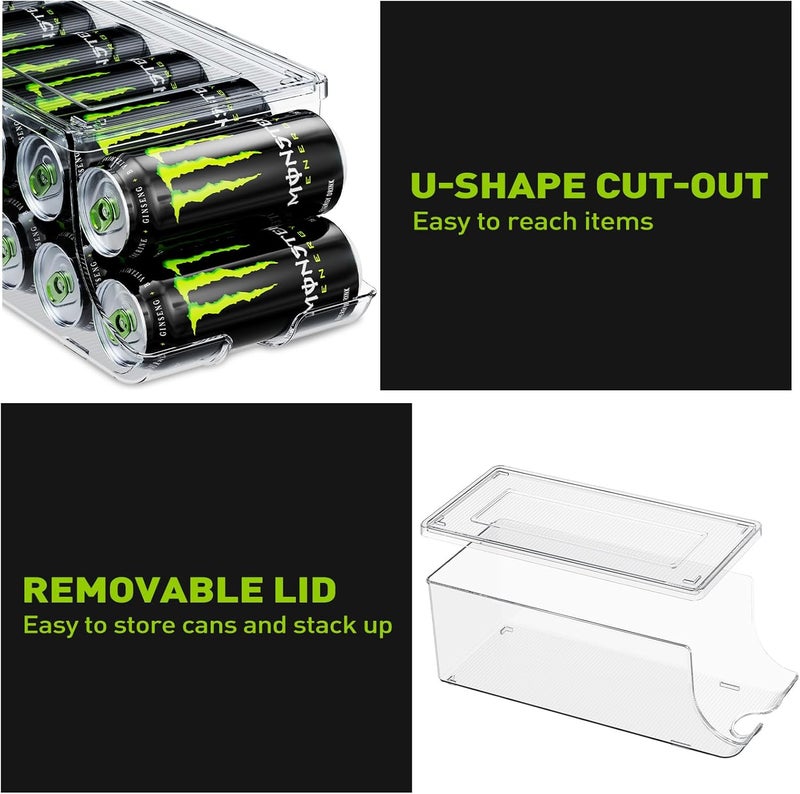 SCAVATA 2 Pack Tall Skinny Can Organizer for Refrigerator, Stackable Large Soda Cans of 16oz & 17oz Beverage Energy Drink Container Holder Dispenser with Lid for Fridge, Clear Storage Plastic Bins - Image 4