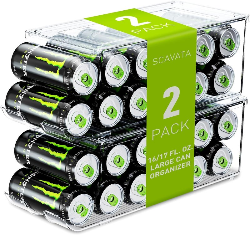SCAVATA 2 Pack Tall Skinny Can Organizer for Refrigerator, Stackable Large Soda Cans of 16oz & 17oz Beverage Energy Drink Container Holder Dispenser with Lid for Fridge, Clear Storage Plastic Bins - Image 1