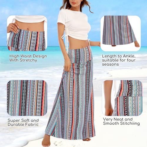 Zando Long Skirts for Women High Waisted Maxi Skirt Casual Trendy Dresses Fold-Over Workout Stretchy Flared Flower Skirt for Girls Geometric Stripe Medium - Image 5