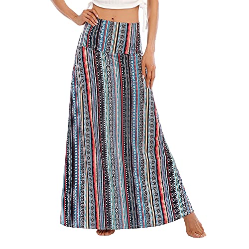 Zando Long Skirts for Women High Waisted Maxi Skirt Casual Trendy Dresses Fold-Over Workout Stretchy Flared Flower Skirt for Girls Geometric Stripe Medium - Image 4