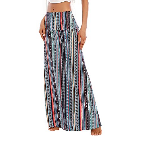 Zando Long Skirts for Women High Waisted Maxi Skirt Casual Trendy Dresses Fold-Over Workout Stretchy Flared Flower Skirt for Girls Geometric Stripe Medium - Image 1