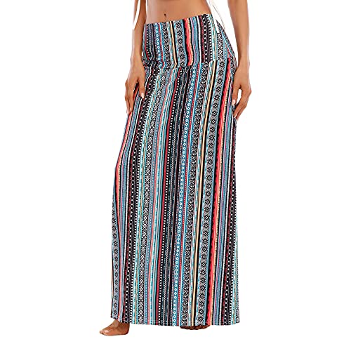 Zando Long Skirts for Women High Waisted Maxi Skirt Casual Trendy Dresses Fold-Over Workout Stretchy Flared Flower Skirt for Girls Geometric Stripe Medium - Image 2