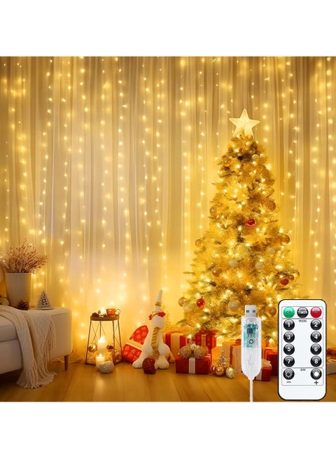 300 مصباح LED خيطي للستارة، أضواء رمضان الخيالية، 3 × 3 أمتار، جهاز تحكم عن بعد، 8 أوضاع إضاءة، تعمل بالطاقة عبر USB، لحفلات العيد، المنزل، غرف النوم، تزيين الجدران الداخلية والخارجية (لون أبيض دافئ)