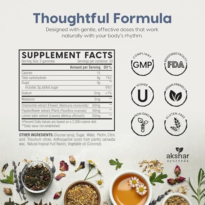 AKSHAR ayurveda – Sleep Gummies for Adults with Melatonin, Chamomile, Passionflower and Lemon Balm – 3mg Melatonin Gummies for Sleeping – Non-GMO Vegan Gluten Free Made in USA (60 Count) - Image 3