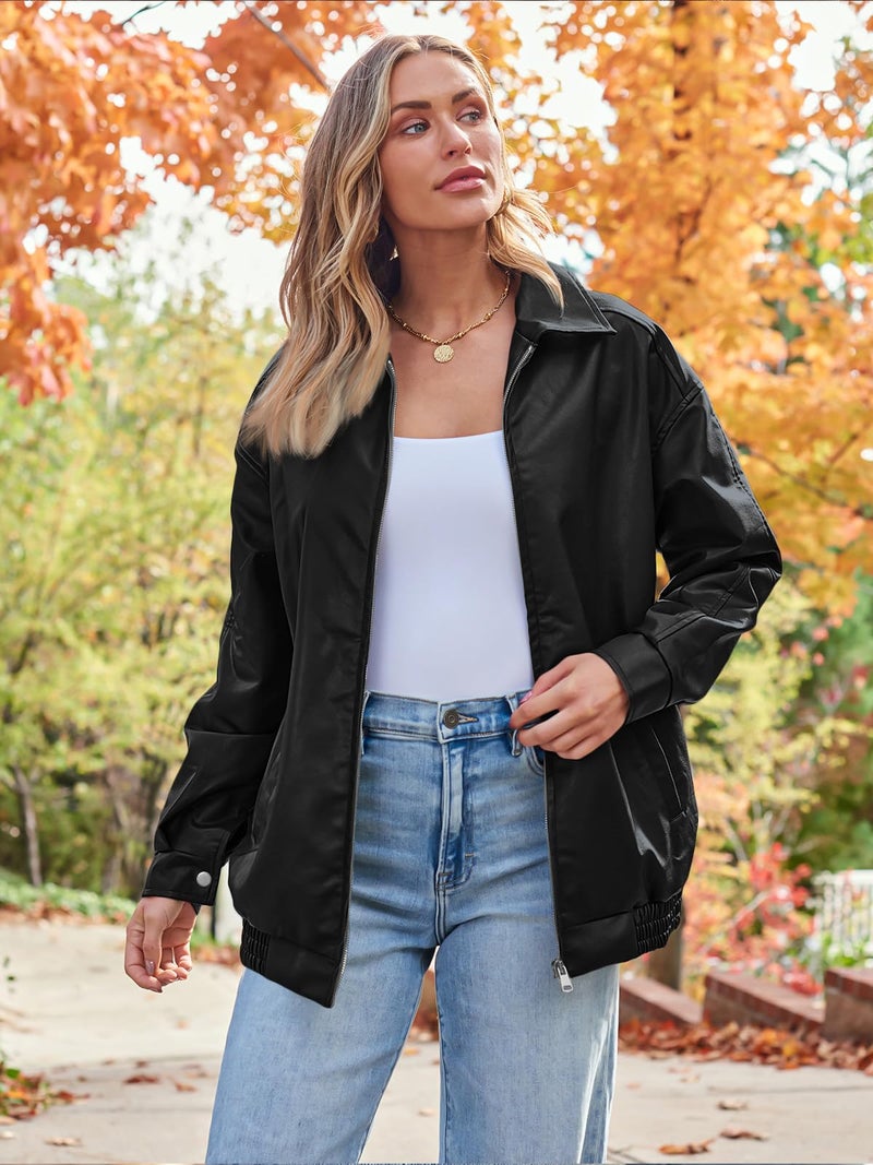 AUTOMET Womens Oversized Leather Jackets Faux Suede Fall Fashion Motorcycle Coats Winter Outfits Clothes Y2k Tops Black L - Image 2