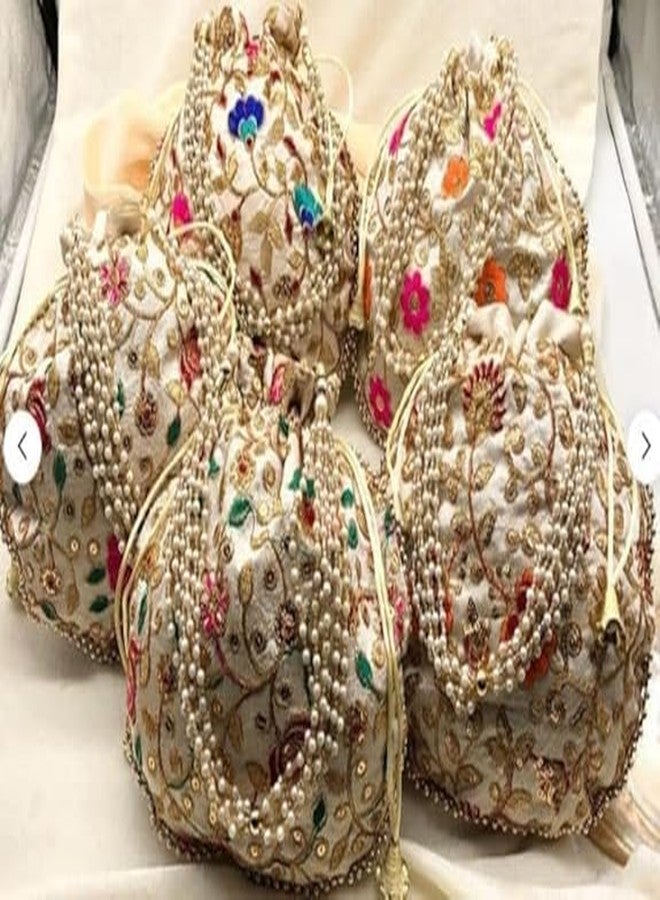 IGH Pack of 1 Indian Ethnic Designer Embroidered Silk Potli Bag Batwa Pearls Handle Purse Clutch Purse for Women - Image 2