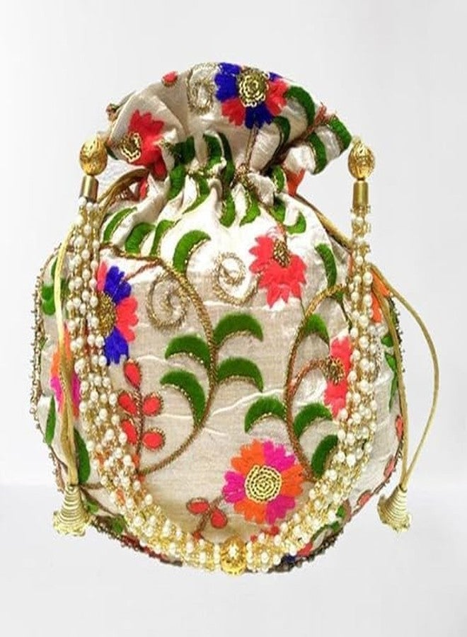 IGH Pack of 1 Indian Ethnic Designer Embroidered Silk Potli Bag Batwa Pearls Handle Purse Clutch Purse for Women - Image 4