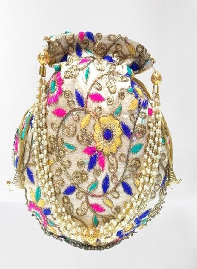 IGH Pack of 1 Indian Ethnic Designer Embroidered Silk Potli Bag Batwa Pearls Handle Purse Clutch Purse for Women - Image 3