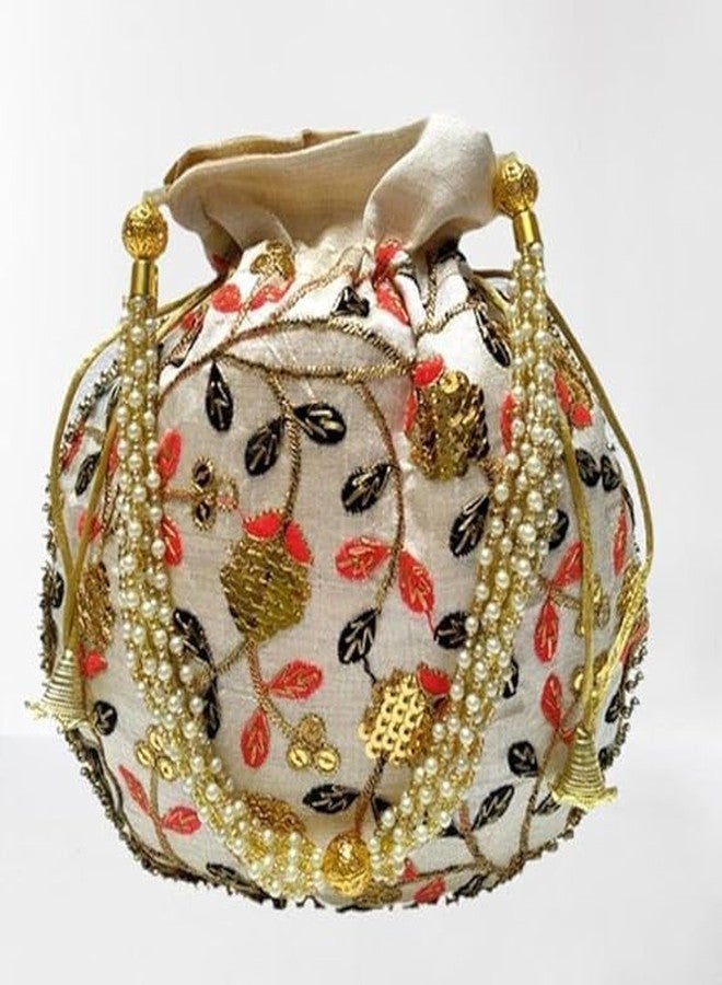 IGH Pack of 1 Indian Ethnic Designer Embroidered Silk Potli Bag Batwa Pearls Handle Purse Clutch Purse for Women - Image 5