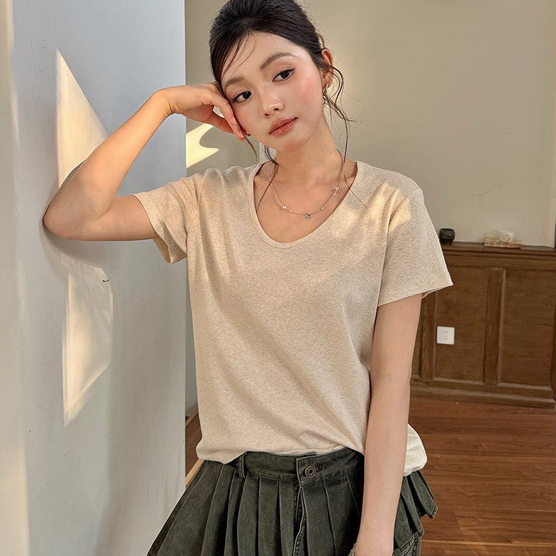 Ai Chunshi Tencel Linen Base Shirt For Women 2025 Spring/Summer Lyocell Goose Egg Collar T-Shirt Skin-Friendly Slim Fit Short - Image 1