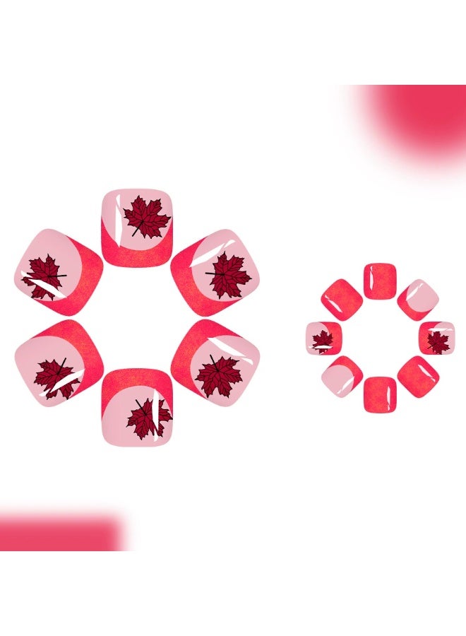 Goolsky Short Square Toe Press-on Nails with Magenta French & Glitter Maple Leaf - Image 5