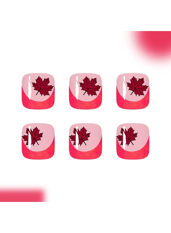 Goolsky Short Square Toe Press-on Nails with Magenta French & Glitter Maple Leaf - Image 4