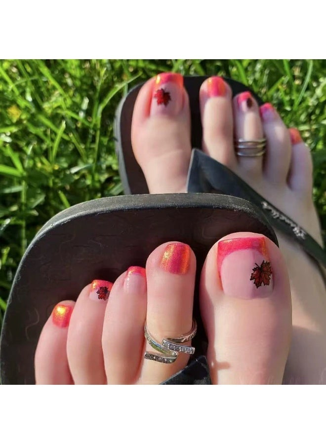 Goolsky Short Square Toe Press-on Nails with Magenta French & Glitter Maple Leaf - Image 1