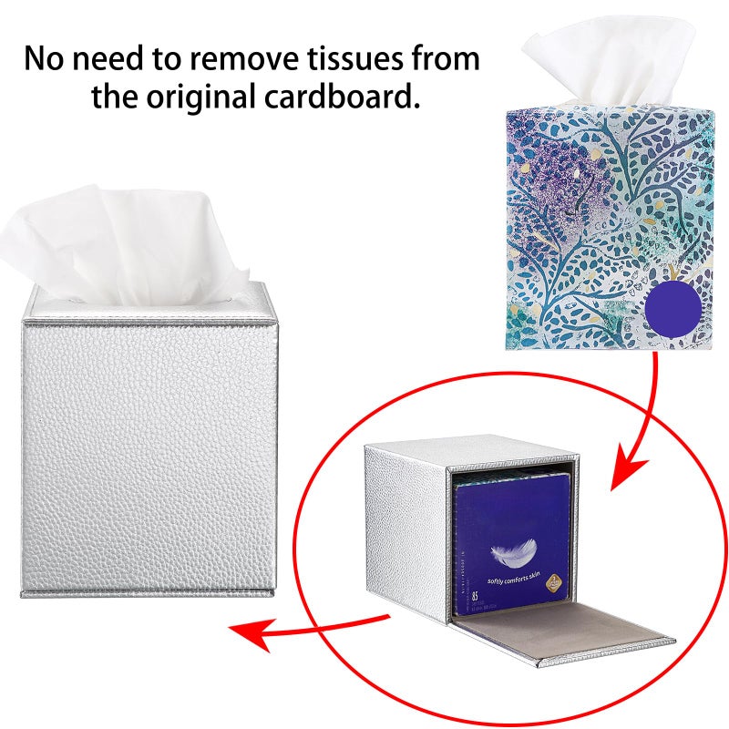 Sumnacon Tissue Box Cover Square Tissue Box Stylish PU Tissue Box Holder with Magnetic Bottom, Leather Cube Tissue Cover for Living Room Bathroom Bedroom Table Desk Home Office Car, Silver - Image 5